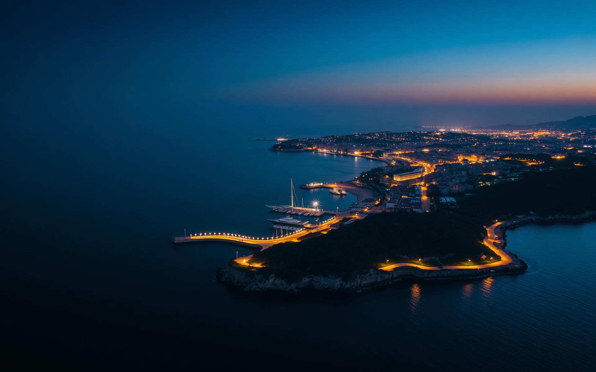 Vue nocturne sur une baie méditerranéenne — ville côtière illuminée